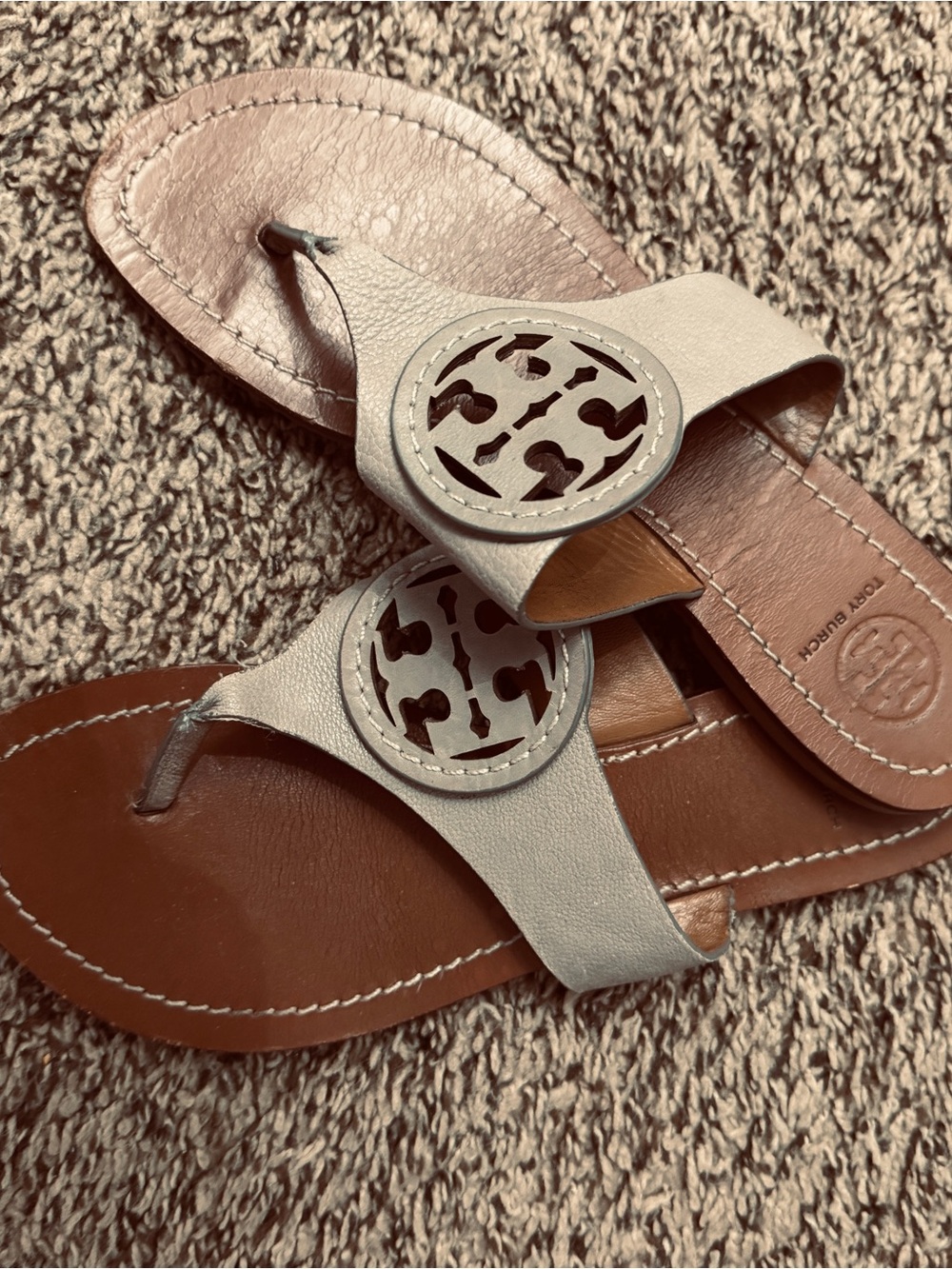 Tory Burch Neutral Leather Logo Thong Sandals